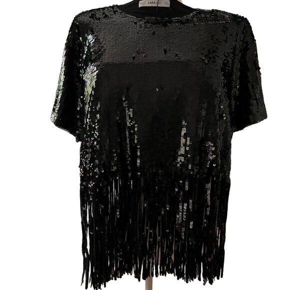 Zara Knit Size S Black Round Neck Short Sleeve Sequin Fringe Hem Top NWT - Picture 2 of 16